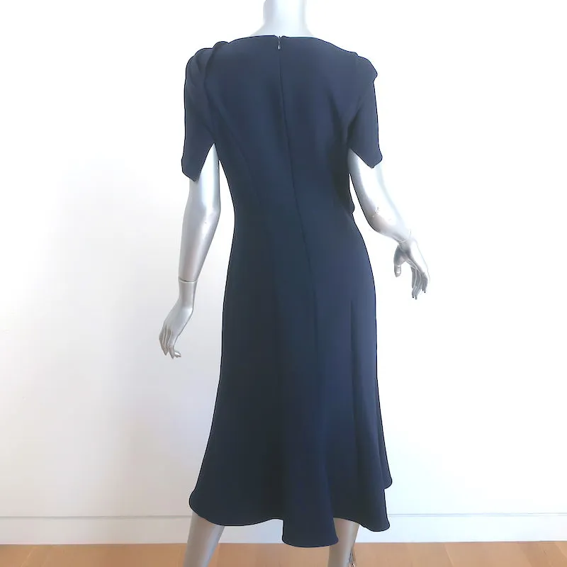 Shoshanna Midnight Bow-Shoulder Midi Dress Navy Crepe Size 10 Short Sleeve Shift