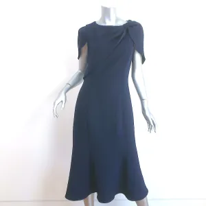 Shoshanna Midnight Bow-Shoulder Midi Dress Navy Crepe Size 10 Short Sleeve Shift