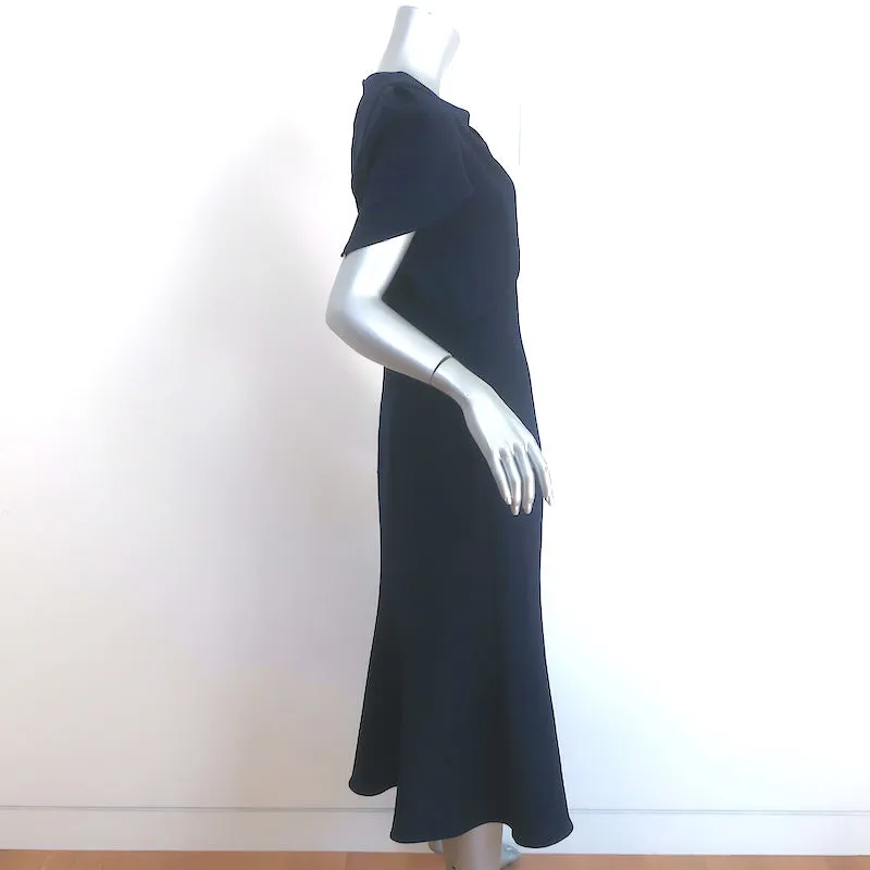 Shoshanna Midnight Bow-Shoulder Midi Dress Navy Crepe Size 10 Short Sleeve Shift