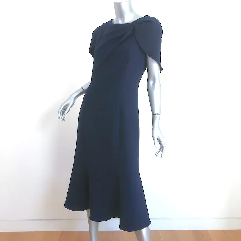 Shoshanna Midnight Bow-Shoulder Midi Dress Navy Crepe Size 10 Short Sleeve Shift