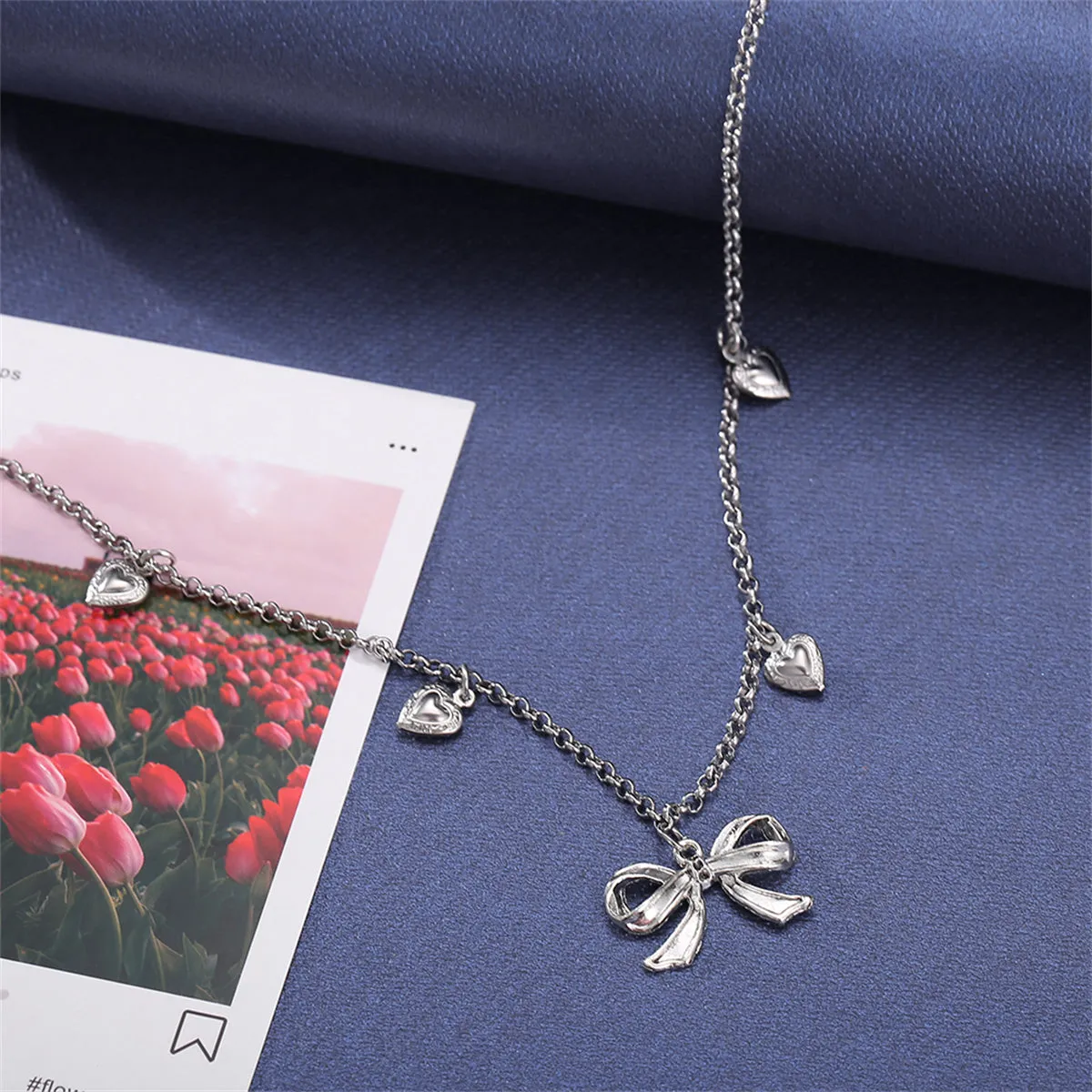 Silver-Plated Bow Heart Station Necklace