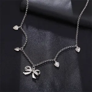 Silver-Plated Bow Heart Station Necklace