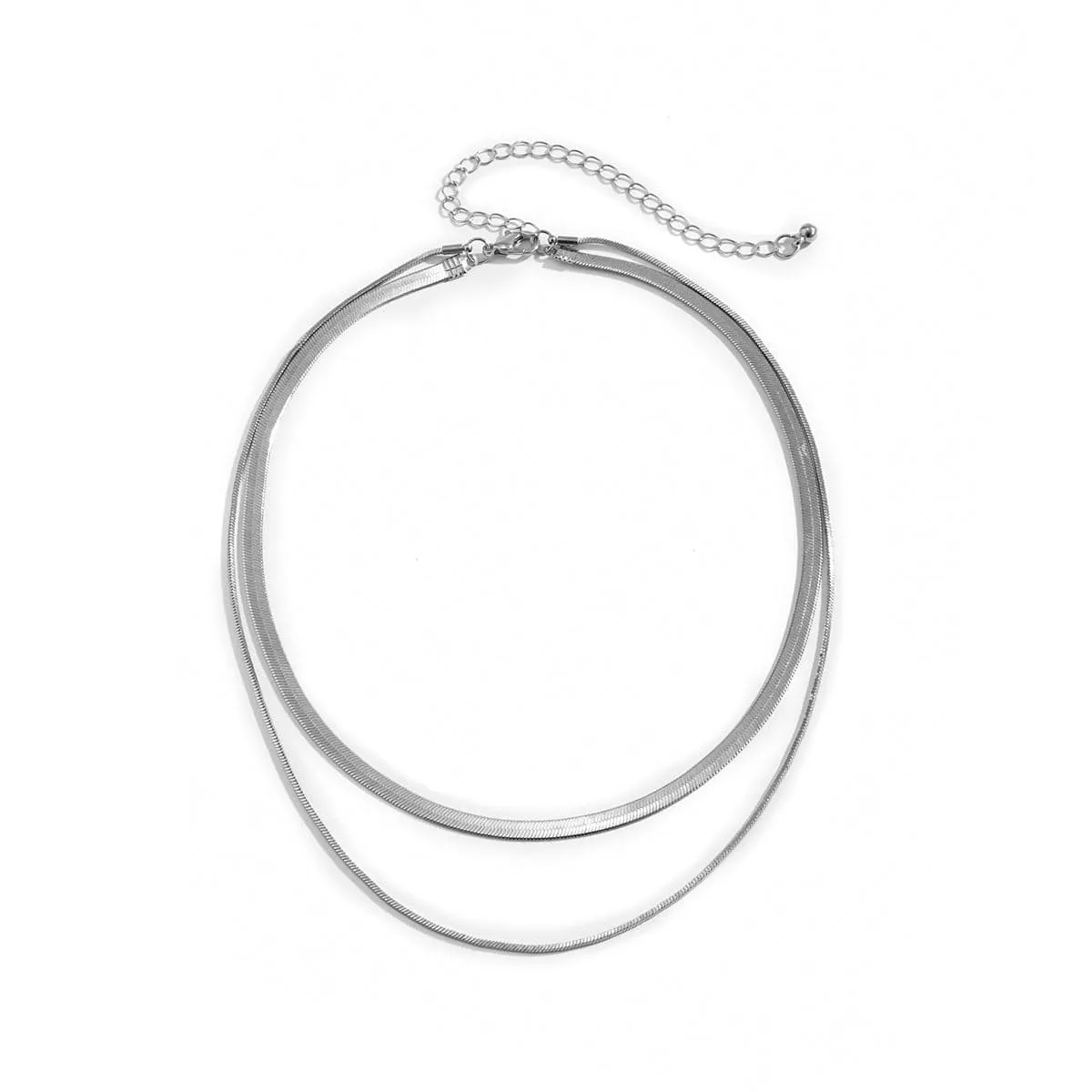 Silver-Plated Herringbone Chain Double Layered Choker Necklace