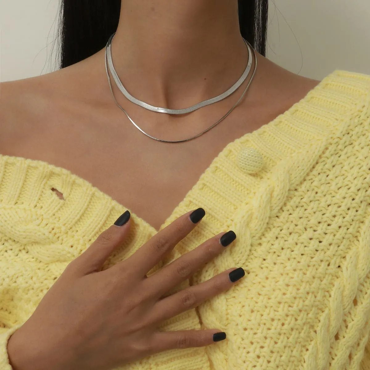 Silver-Plated Herringbone Chain Double Layered Choker Necklace