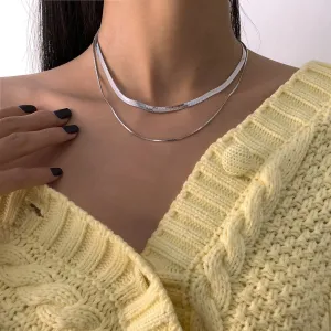 Silver-Plated Herringbone Chain Double Layered Choker Necklace