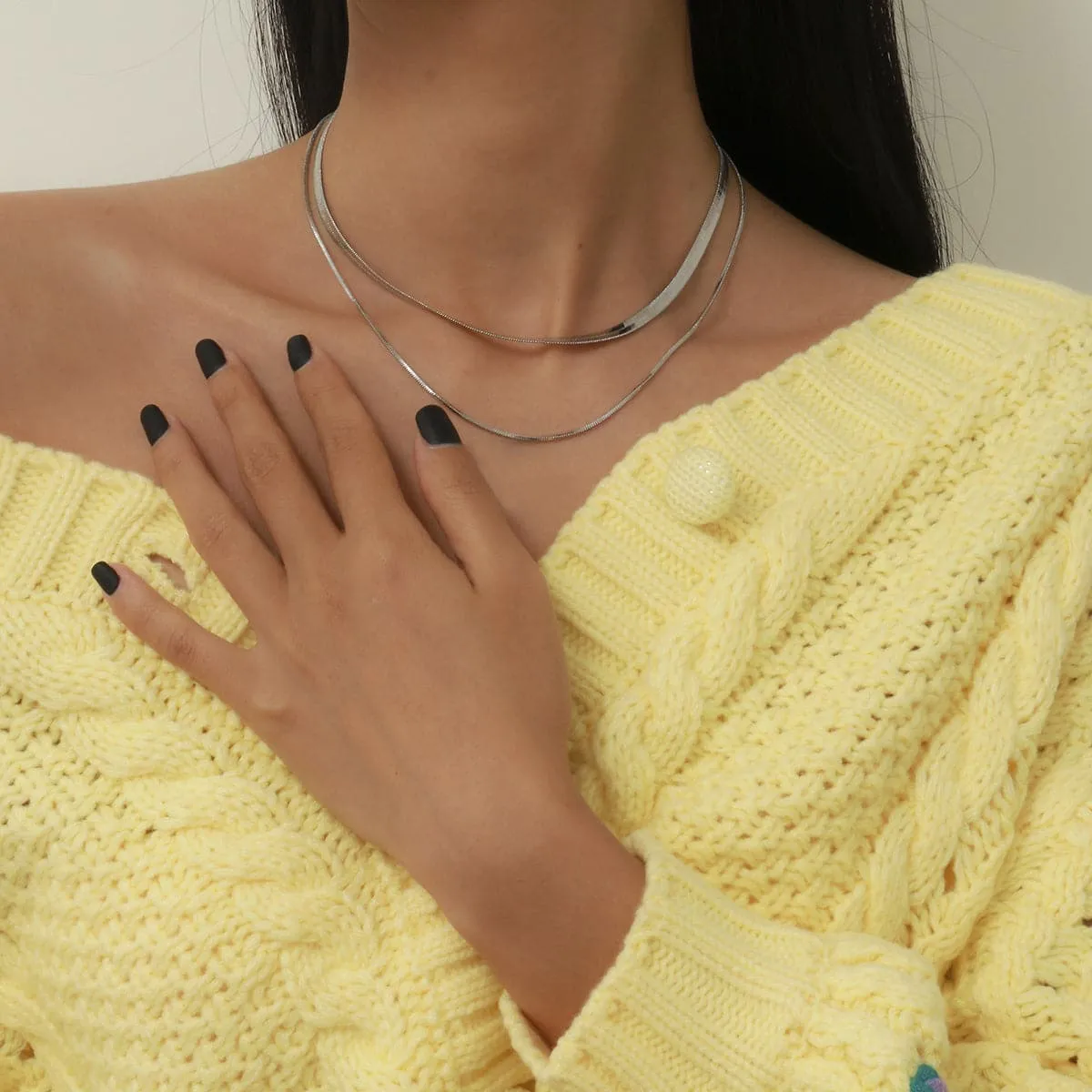 Silver-Plated Herringbone Chain Double Layered Choker Necklace