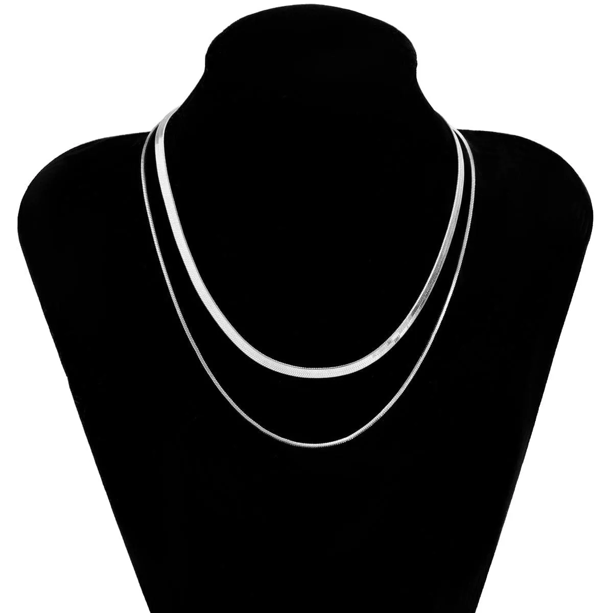 Silver-Plated Herringbone Chain Double Layered Choker Necklace