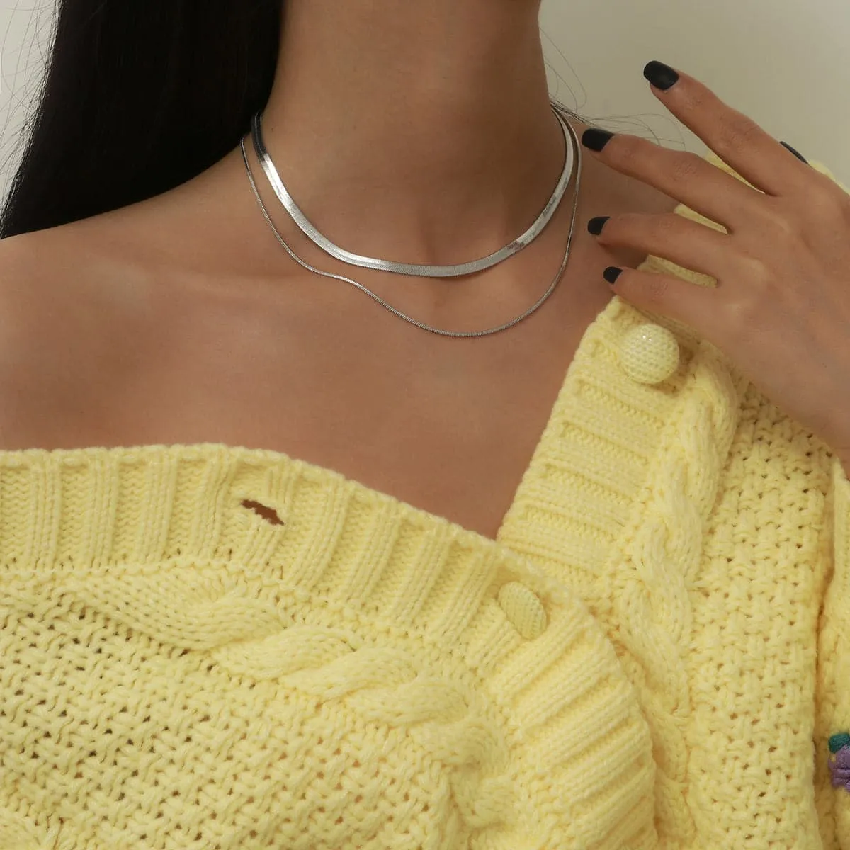 Silver-Plated Herringbone Chain Double Layered Choker Necklace