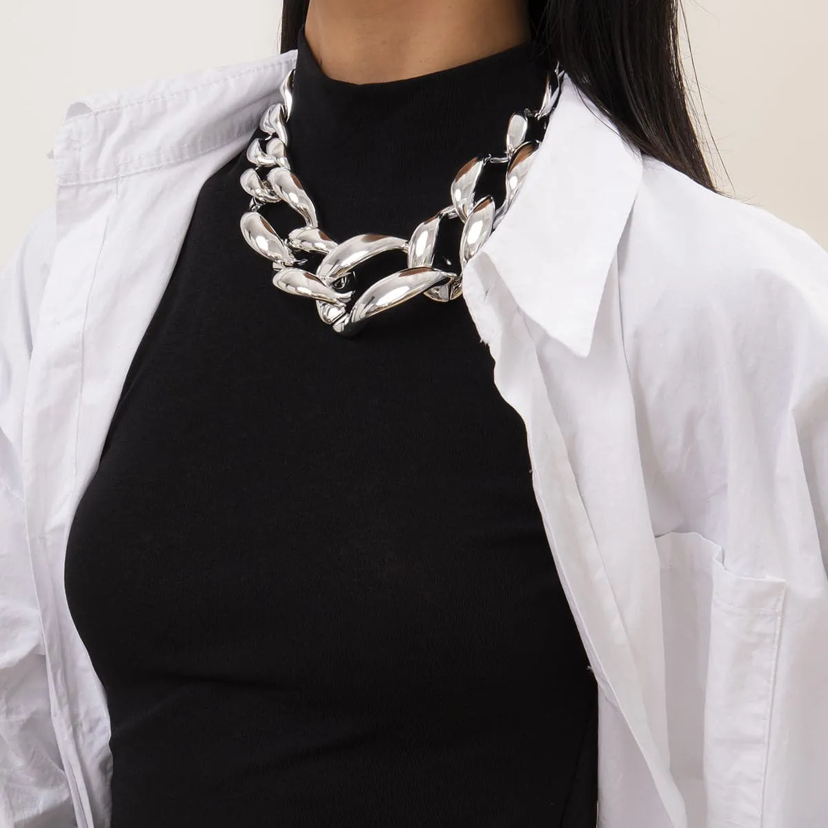 Silver-Plated Thick Curb Chain Choker Necklace