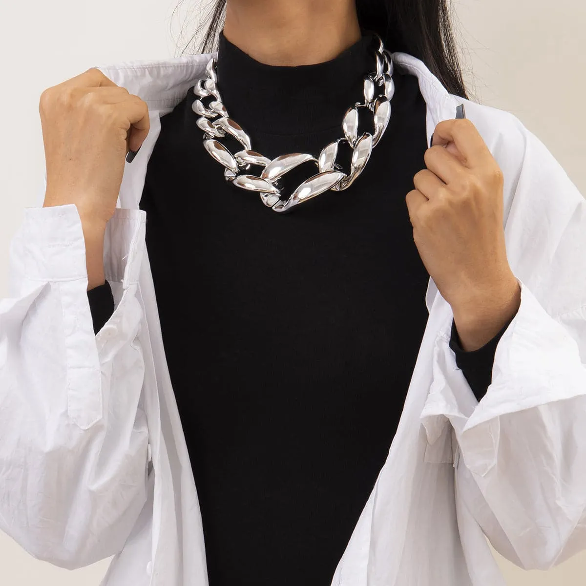 Silver-Plated Thick Curb Chain Choker Necklace