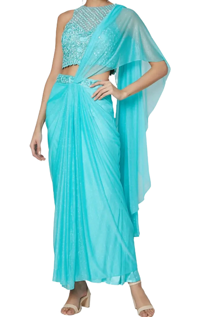 Sky Blue Pre-Draped Embellished Sari