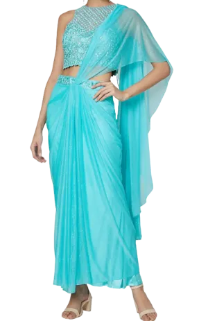 Sky Blue Pre-Draped Embellished Sari