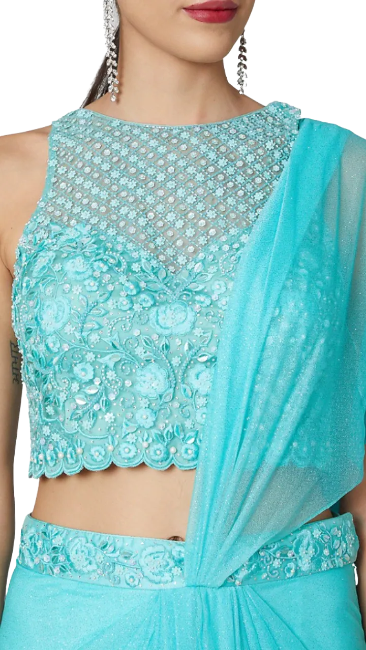 Sky Blue Pre-Draped Embellished Sari