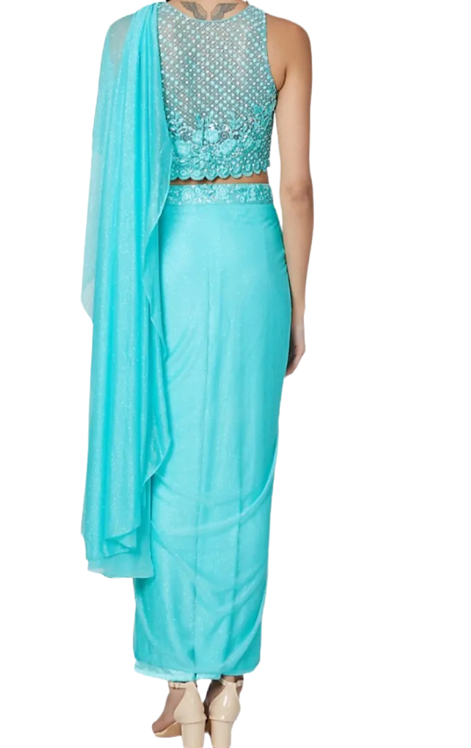 Sky Blue Pre-Draped Embellished Sari