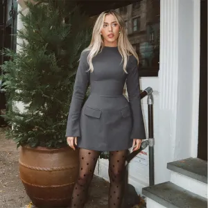 Slim Mini High Waist O-neck Long Sleeve A-line Dresses