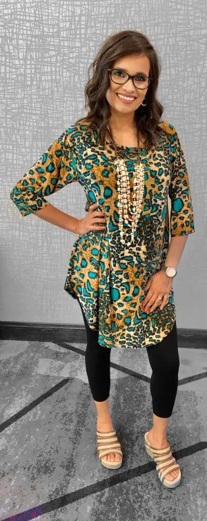 Sml, Med : Teal & Tan Leopard Scoop Tunic