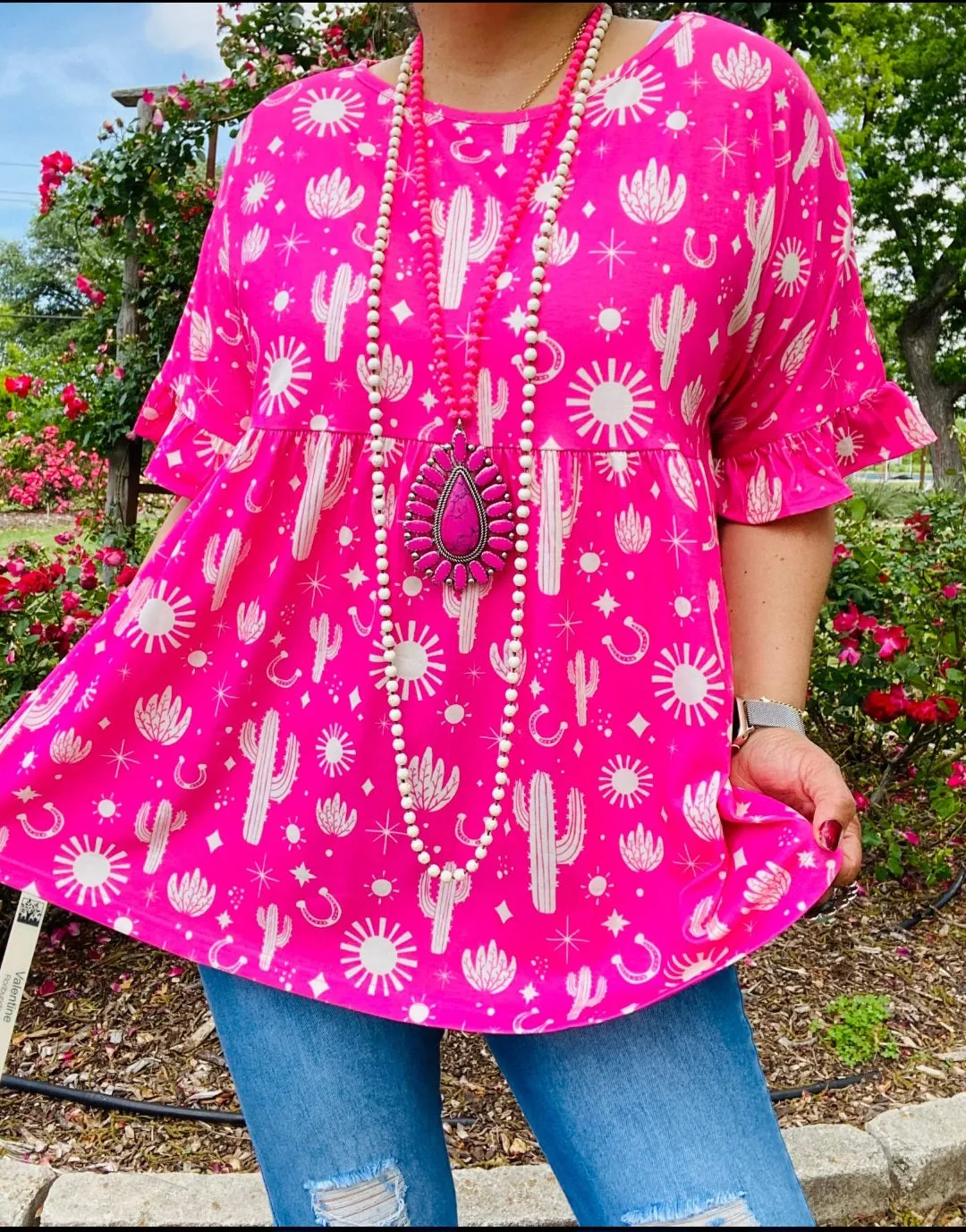 S,M,L Pink baby doll top with cactus print