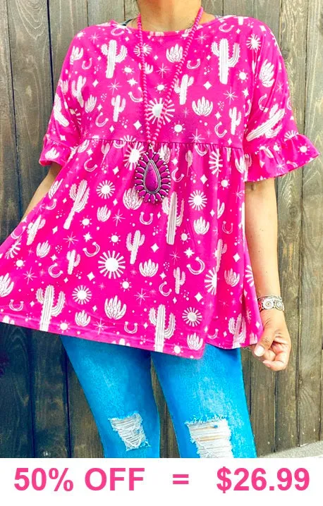 S,M,L Pink baby doll top with cactus print