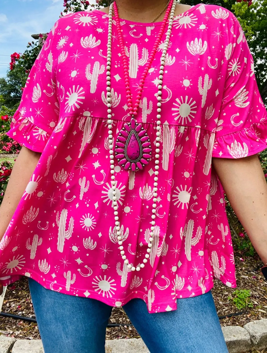 S,M,L Pink baby doll top with cactus print