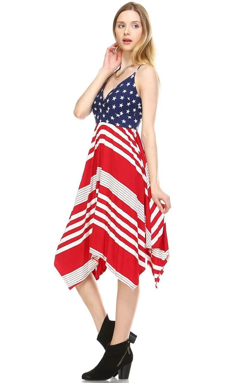Spaghetti V-Neck Navy Star Handkerchief Dress with Red Stripes