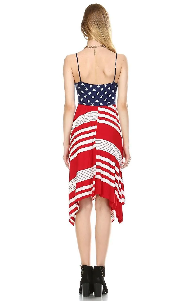Spaghetti V-Neck Navy Star Handkerchief Dress with Red Stripes