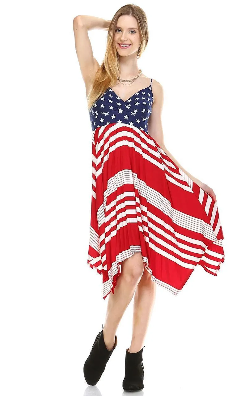 Spaghetti V-Neck Navy Star Handkerchief Dress with Red Stripes