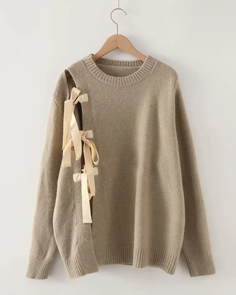 Split Bow-knot Lace-up Knit Sweater