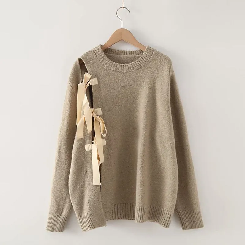Split Bow-knot Lace-up Knit Sweater