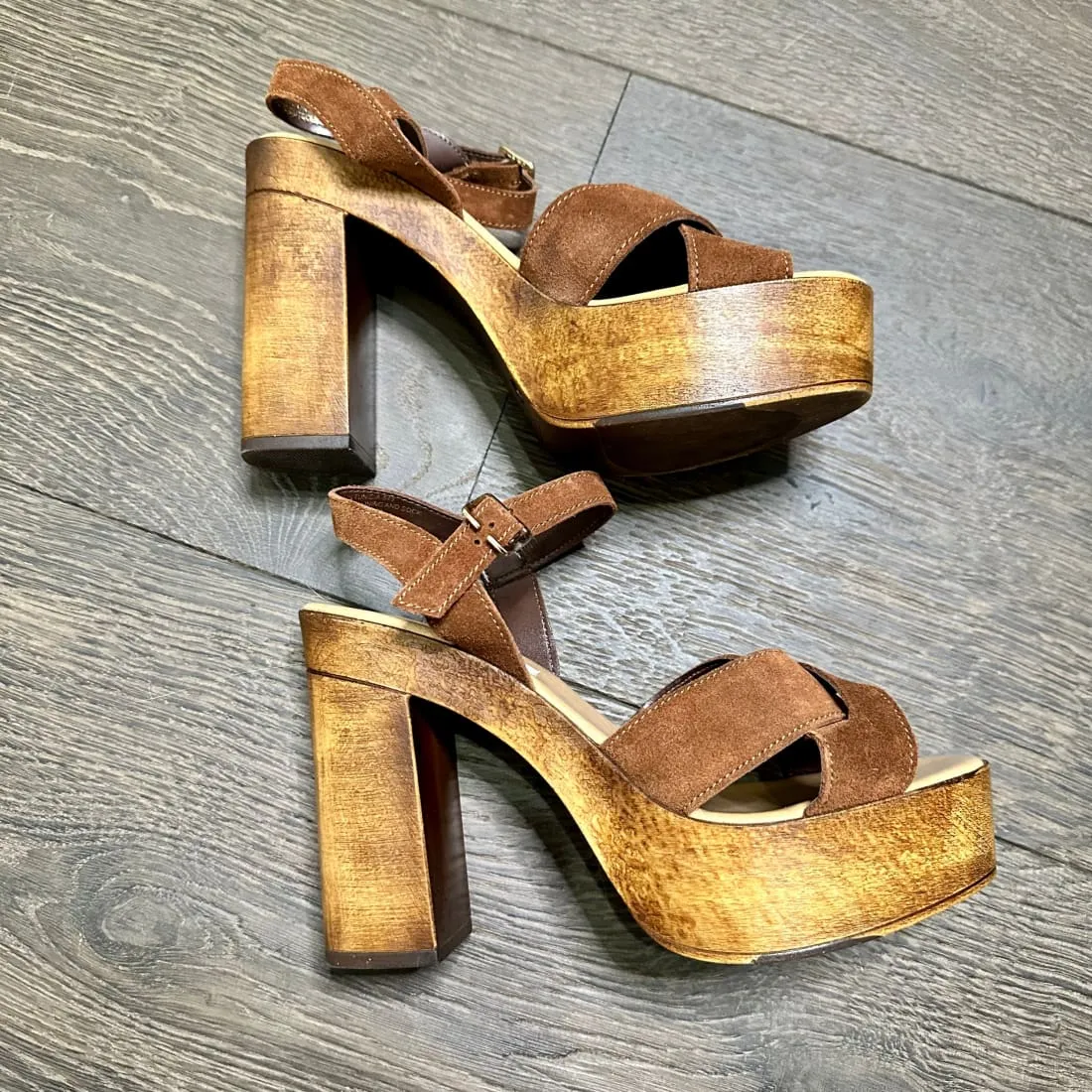 Steve Madden Liveana Chestnut Suede Tall Chunky Platform Sandals 10M Pre-Owned