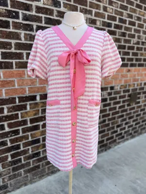 Stripe Pattern Boucle Short Bubble Mini Dress