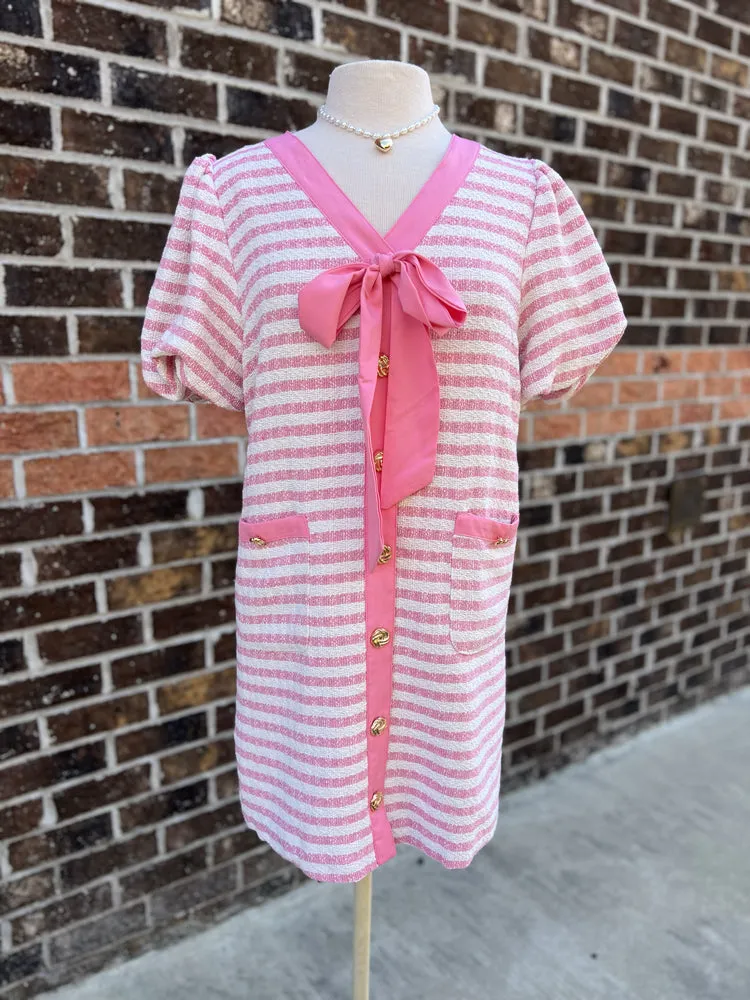 Stripe Pattern Boucle Short Bubble Mini Dress