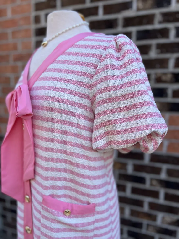 Stripe Pattern Boucle Short Bubble Mini Dress