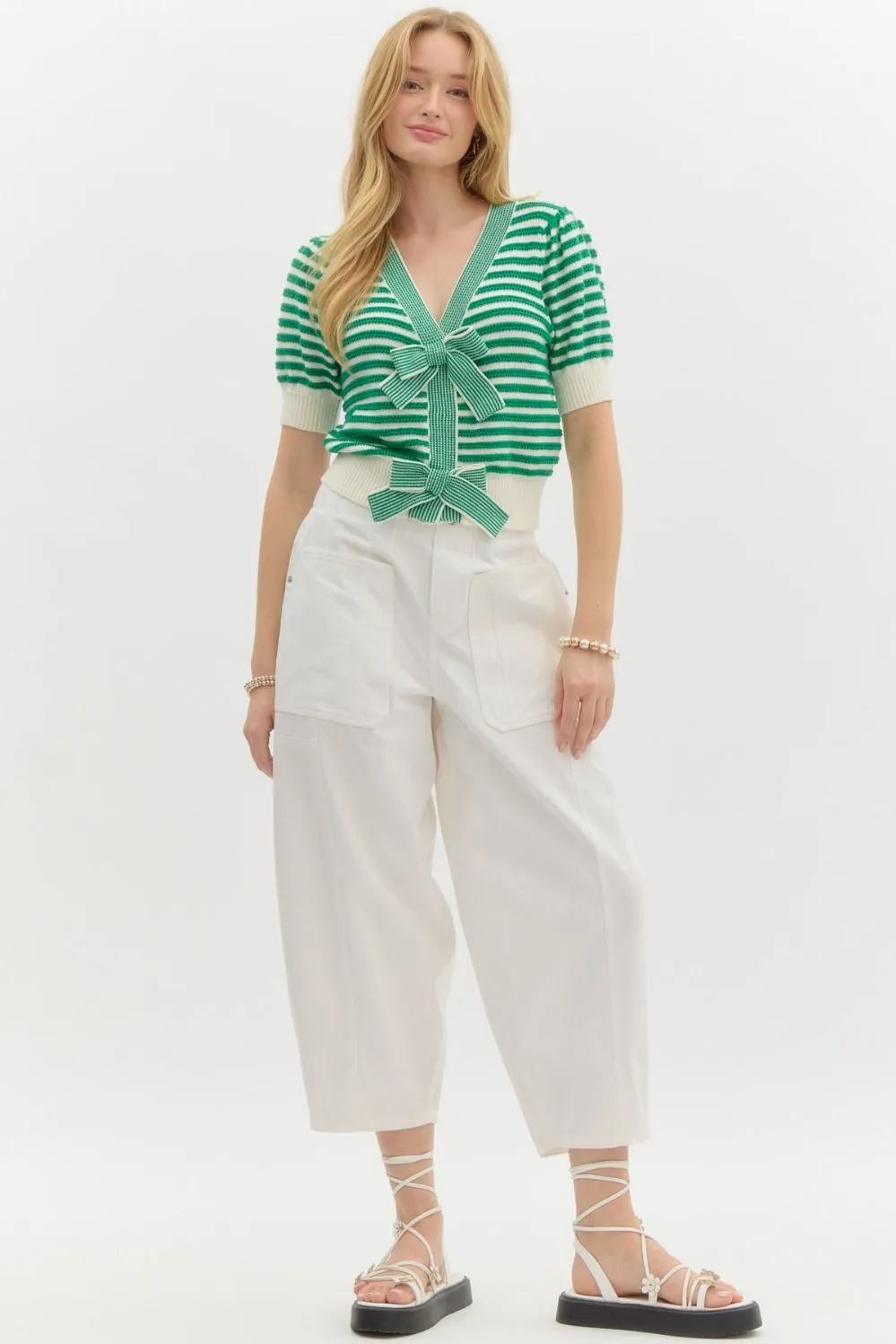 Striped Bow Detailed Cardigan {Green}