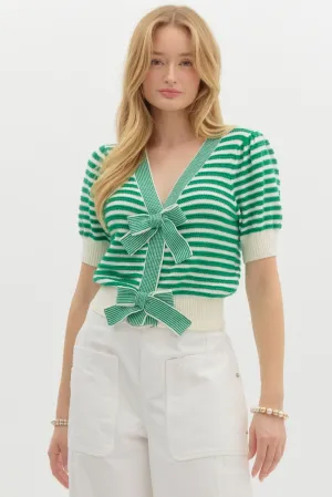 Striped Bow Detailed Cardigan {Green}