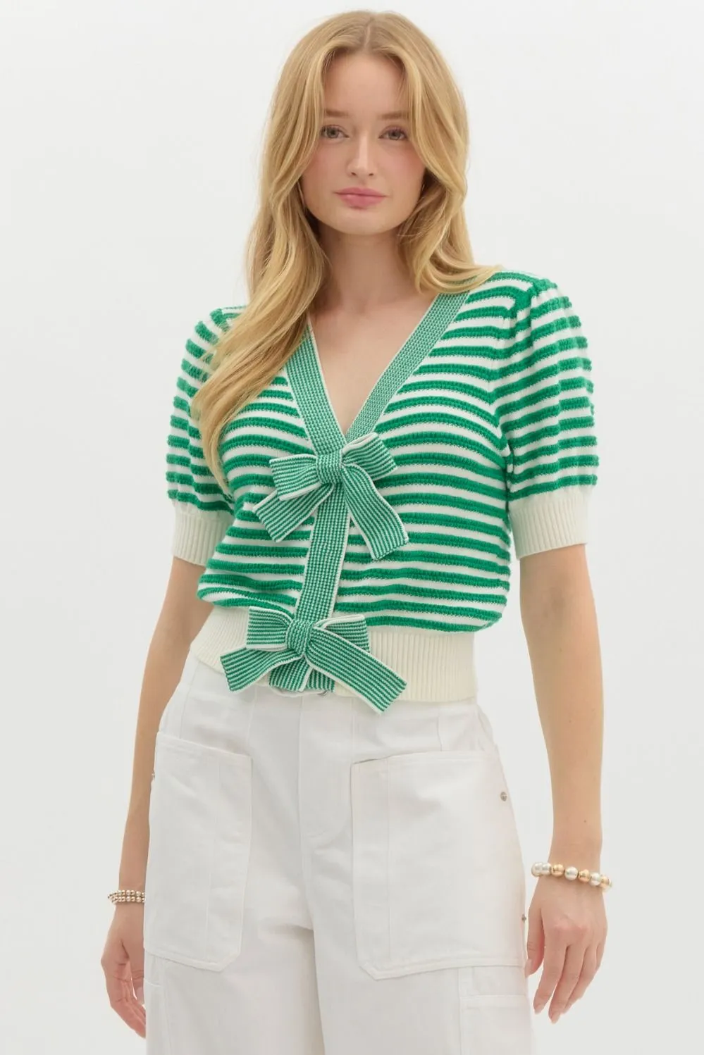 Striped Bow Detailed Cardigan {Green}