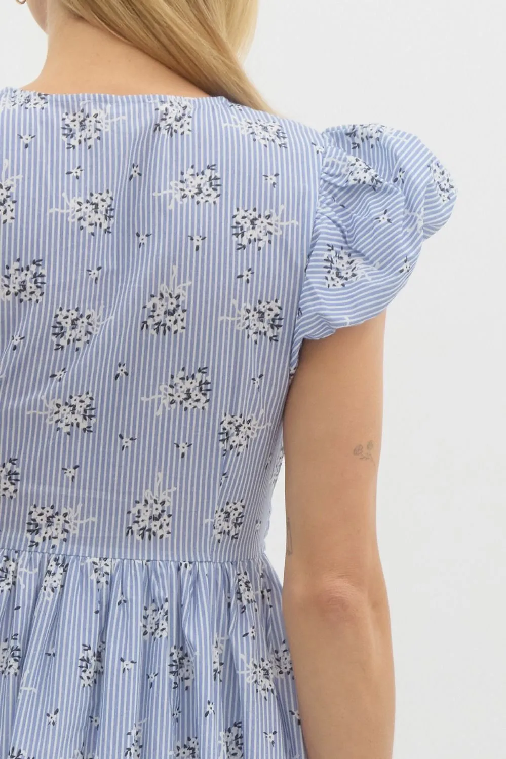 Striped Floral Print Short Bubble Sleeve Midi Dress