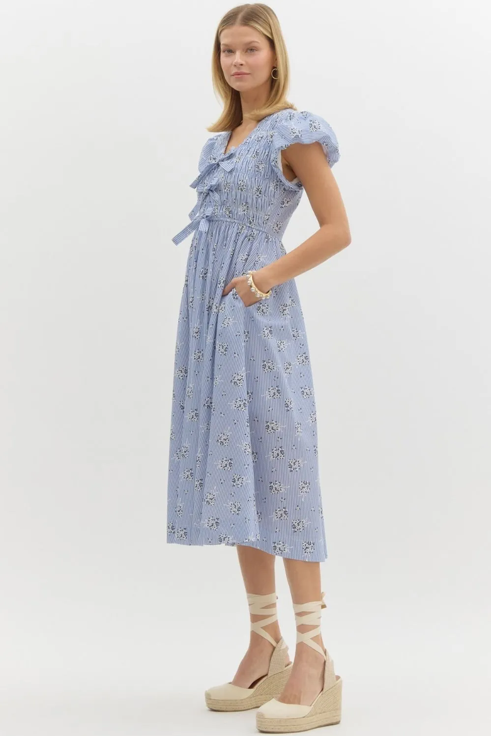 Striped Floral Print Short Bubble Sleeve Midi Dress