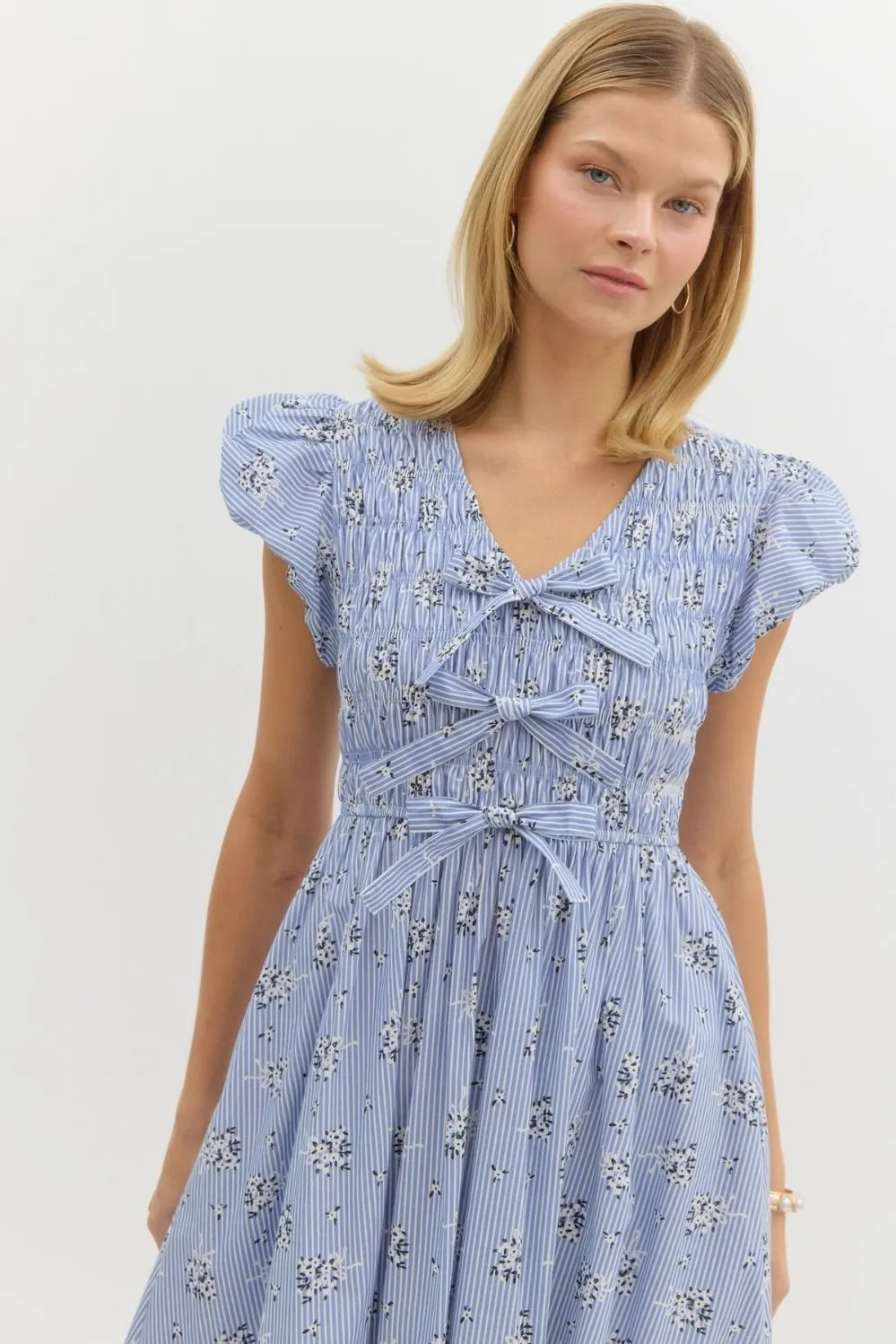 Striped Floral Print Short Bubble Sleeve Midi Dress