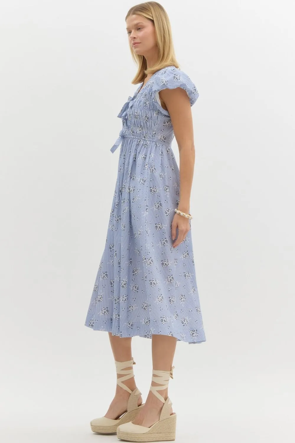 Striped Floral Print Short Bubble Sleeve Midi Dress