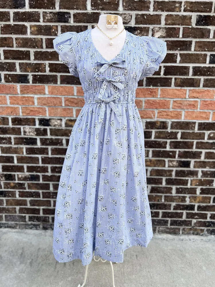 Striped Floral Print Short Bubble Sleeve Midi Dress
