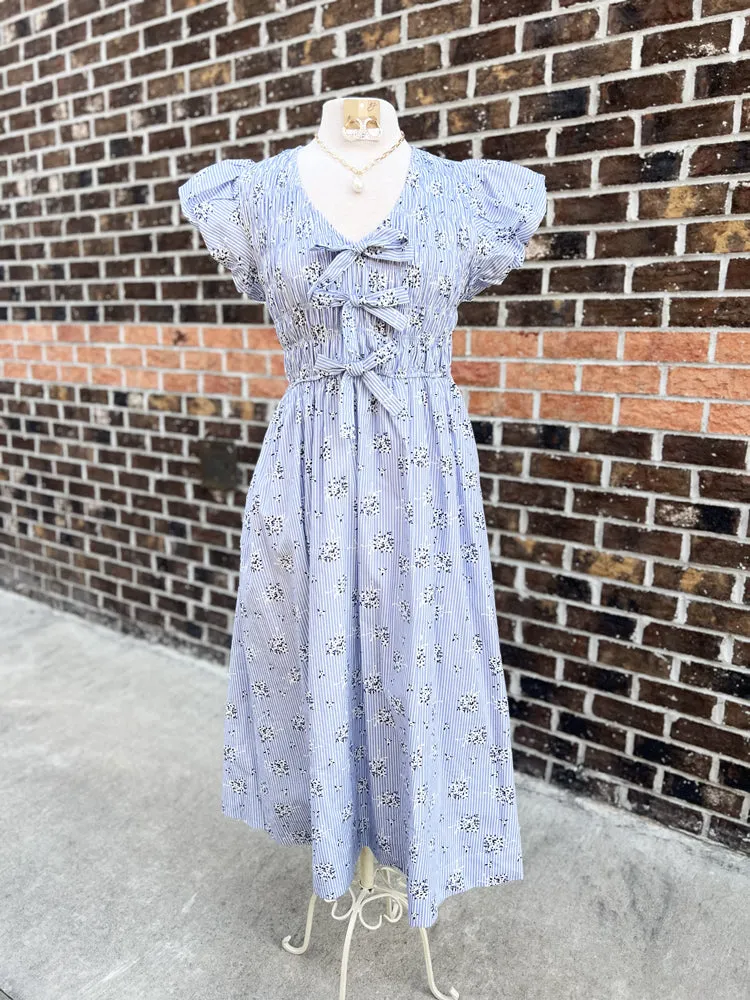 Striped Floral Print Short Bubble Sleeve Midi Dress