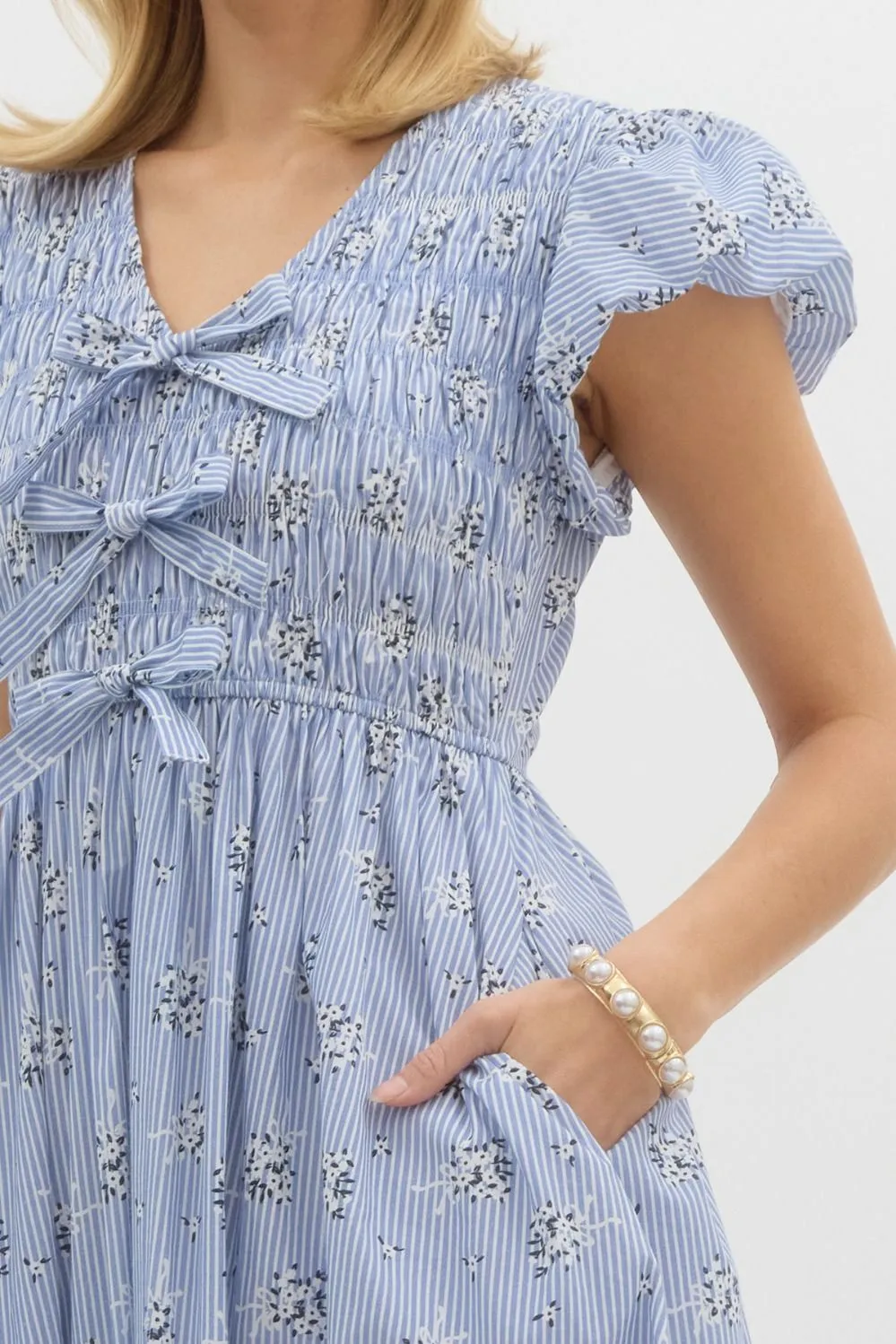 Striped Floral Print Short Bubble Sleeve Midi Dress