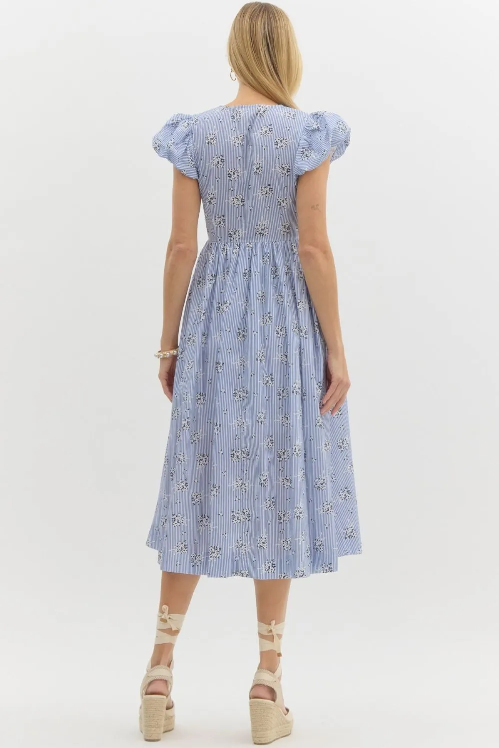 Striped Floral Print Short Bubble Sleeve Midi Dress