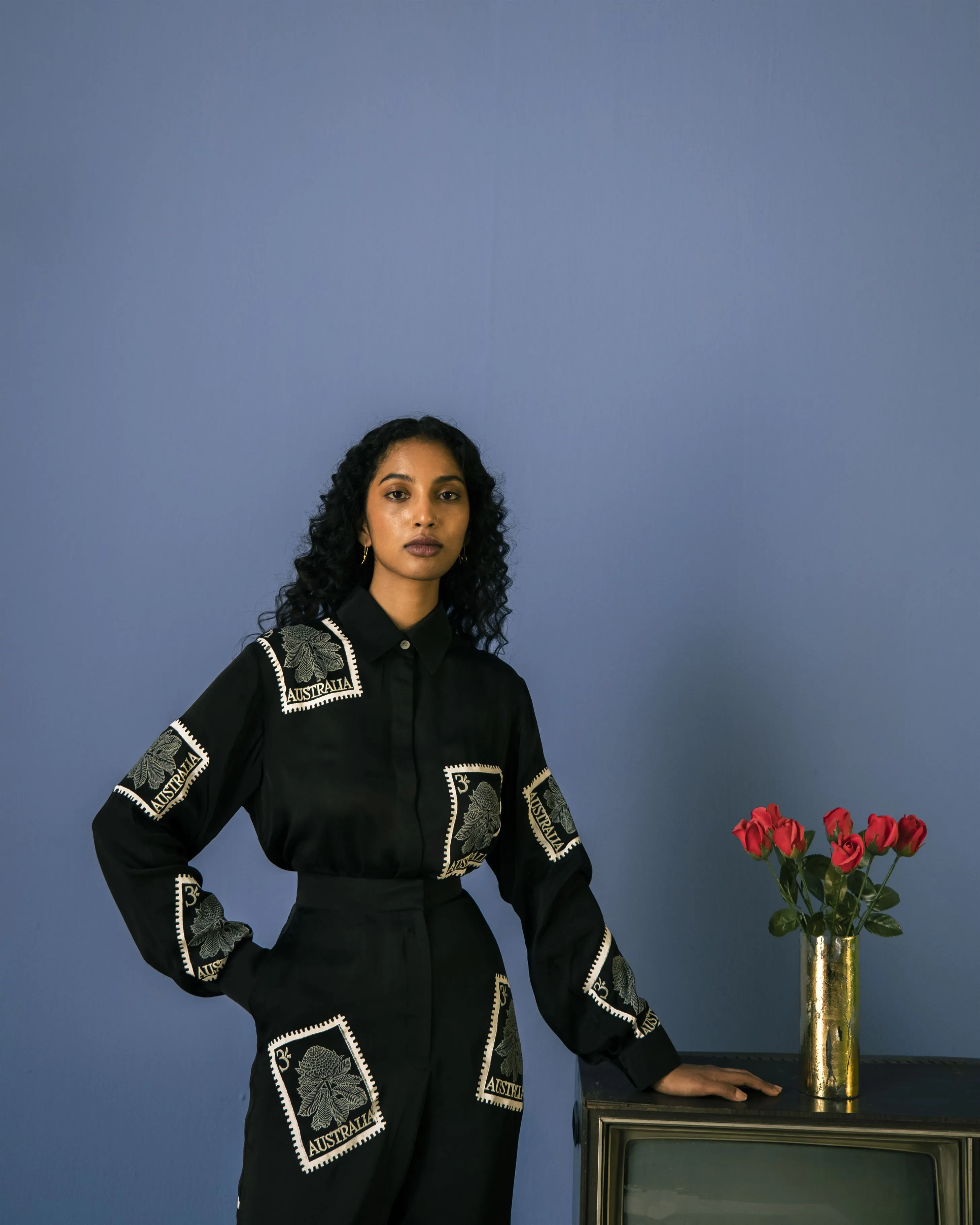 Studio Rigu   I   Stamp Block Print Shirt& Trousers Hand Block Printed Vegan Silk Solid Black  Srch003