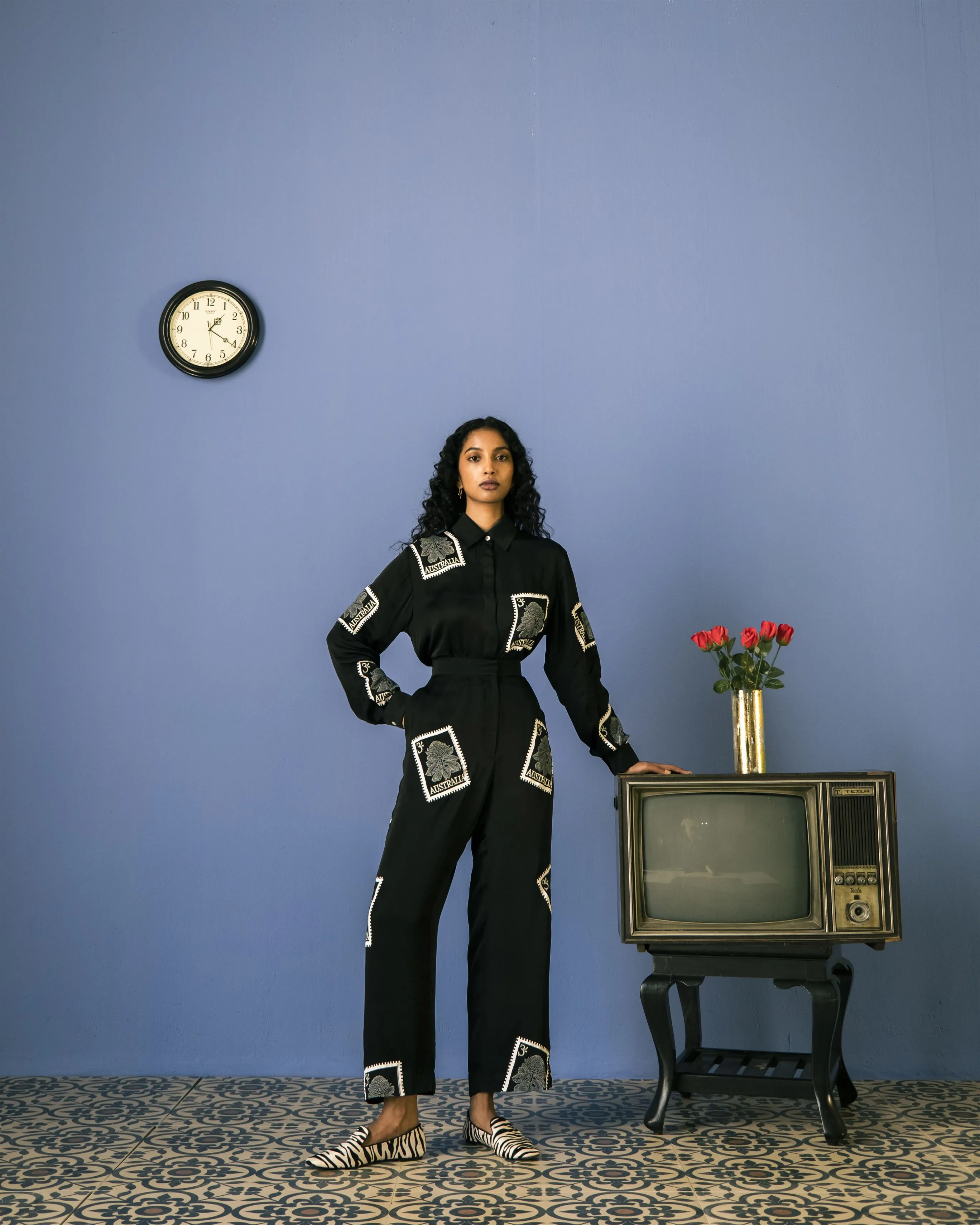 Studio Rigu   I   Stamp Block Print Shirt& Trousers Hand Block Printed Vegan Silk Solid Black  Srch003
