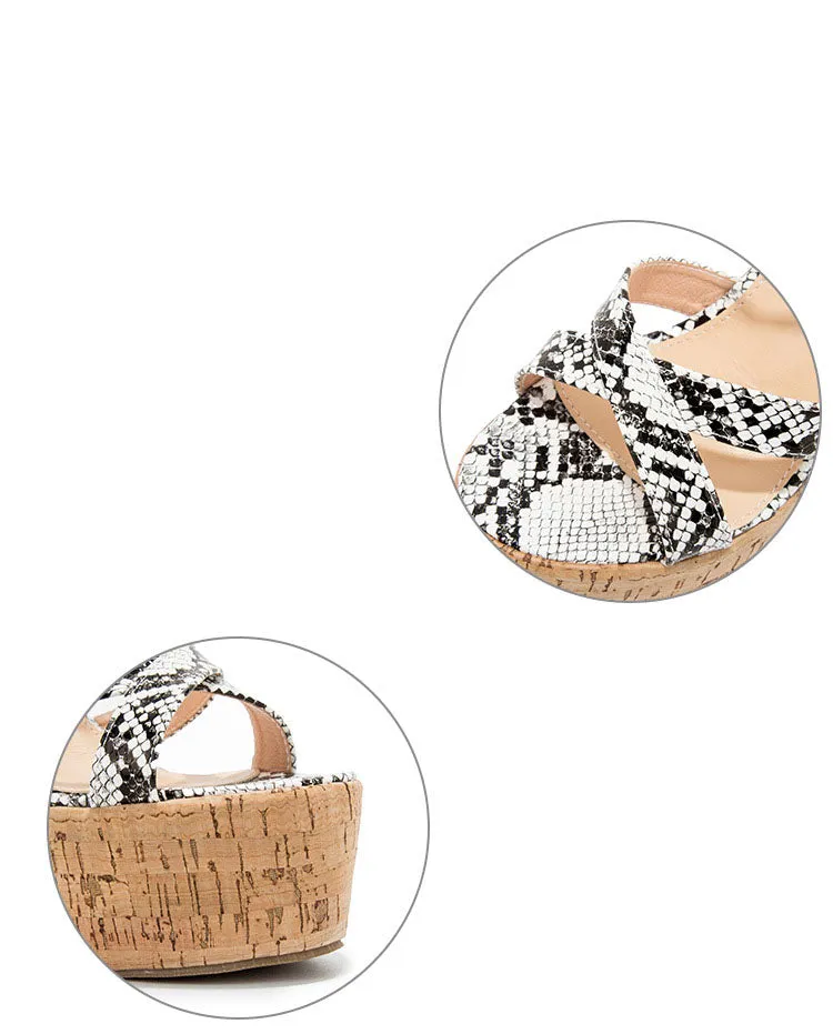 Summer Word Buckle Sandals Women's Fashion Black and White Snake Pattern Open Toe Super High Wedge Shoes