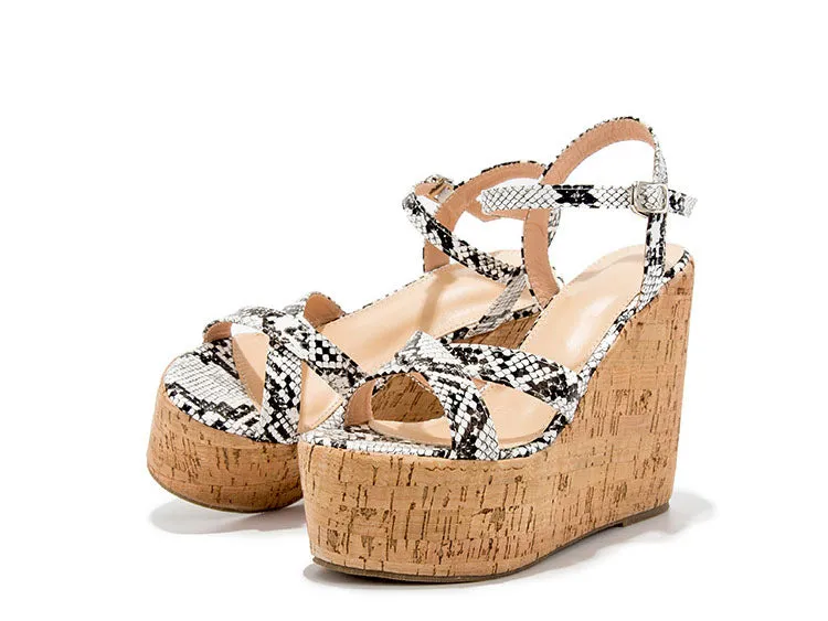 Summer Word Buckle Sandals Women's Fashion Black and White Snake Pattern Open Toe Super High Wedge Shoes