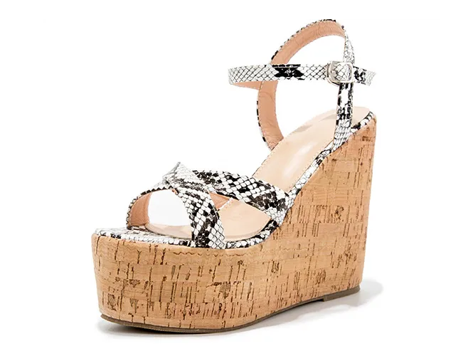 Summer Word Buckle Sandals Women's Fashion Black and White Snake Pattern Open Toe Super High Wedge Shoes