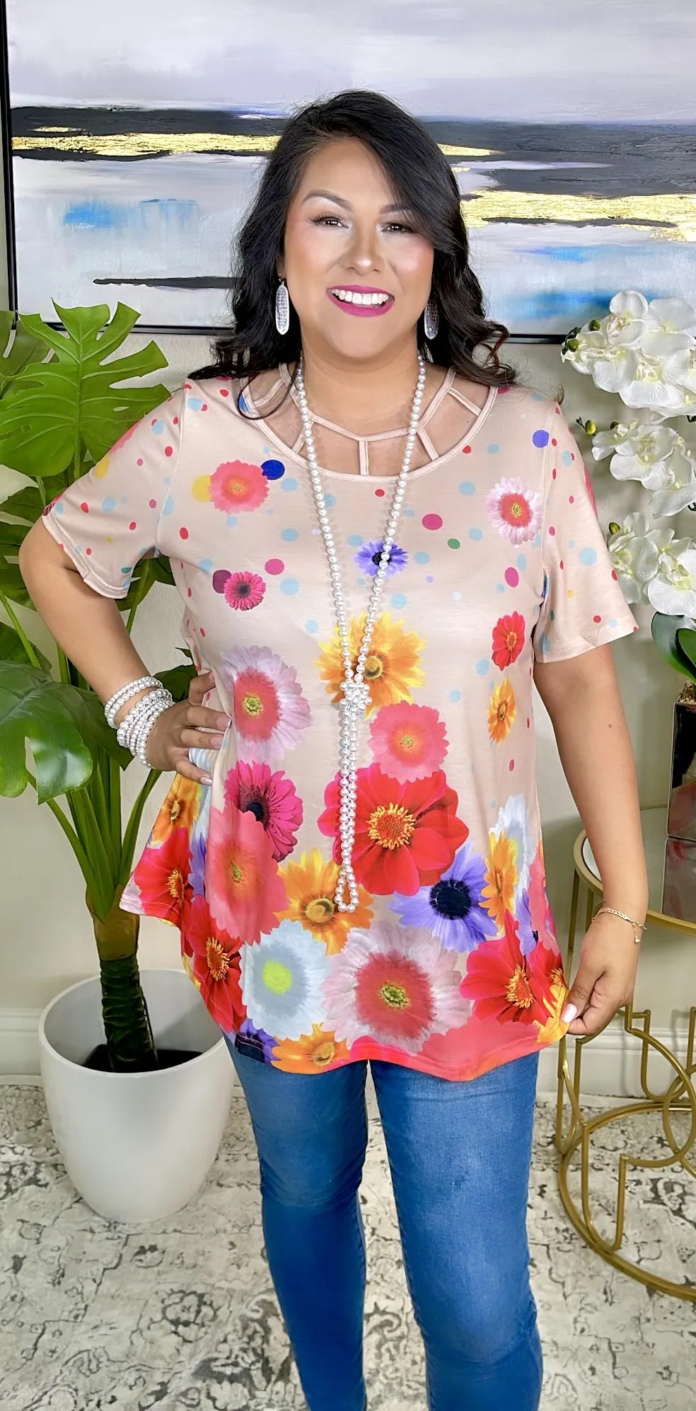 Tan top with Flowers & cage neck