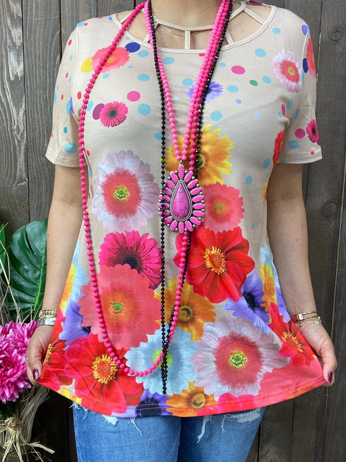 Tan top with Flowers & cage neck